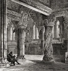 Innenraum der Roslin-Kapelle, mit der Lehrlingssäule, aus 